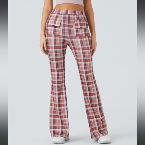 HALARA Pants - High Waisted Pocket Plaid Flare Casual Pants